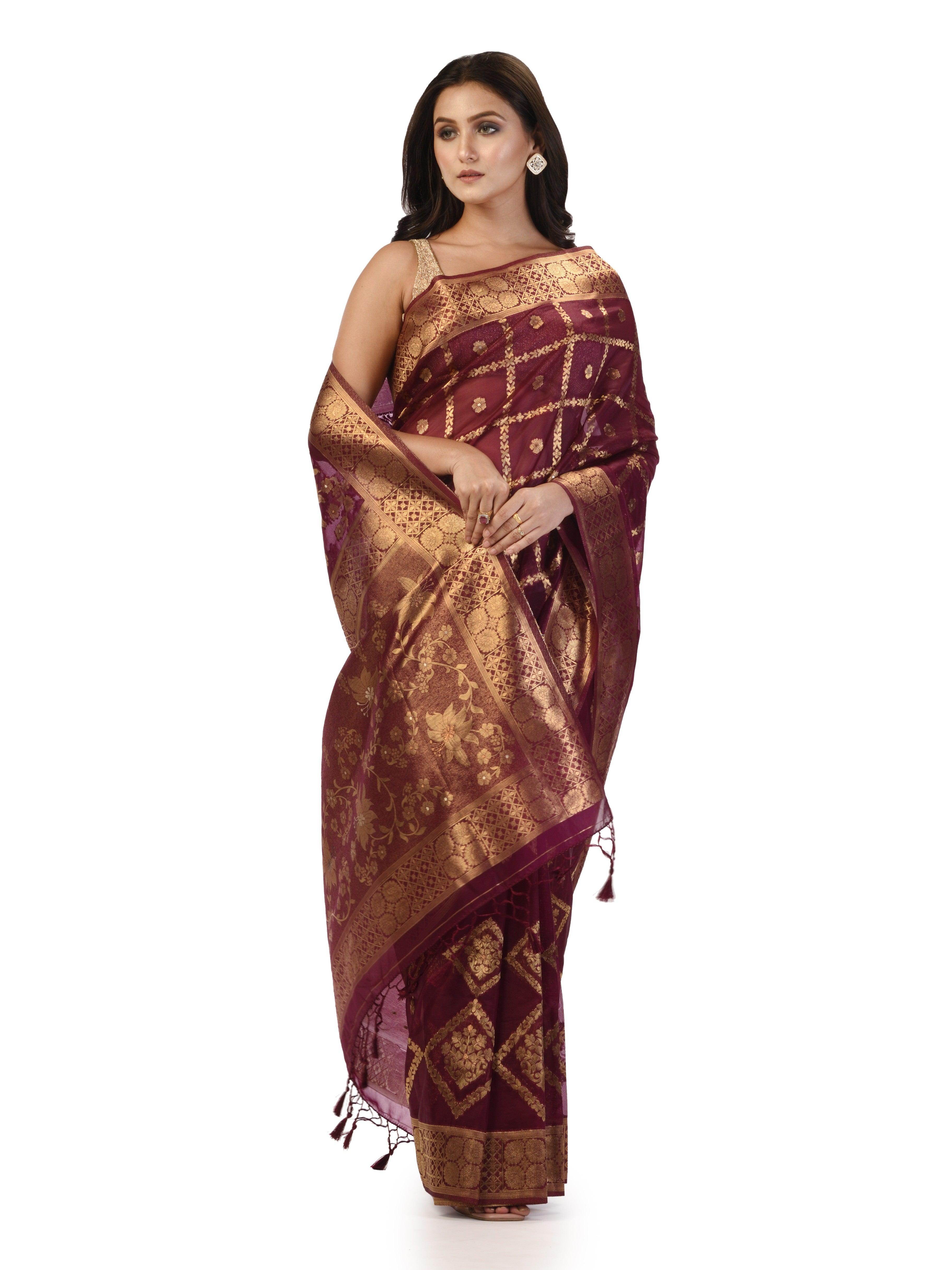 Kavvya Wine Soft & Lightweight Kora Organza Weaving Silk Saree In Golden & Silver Zari Weaving - KAVVYA 