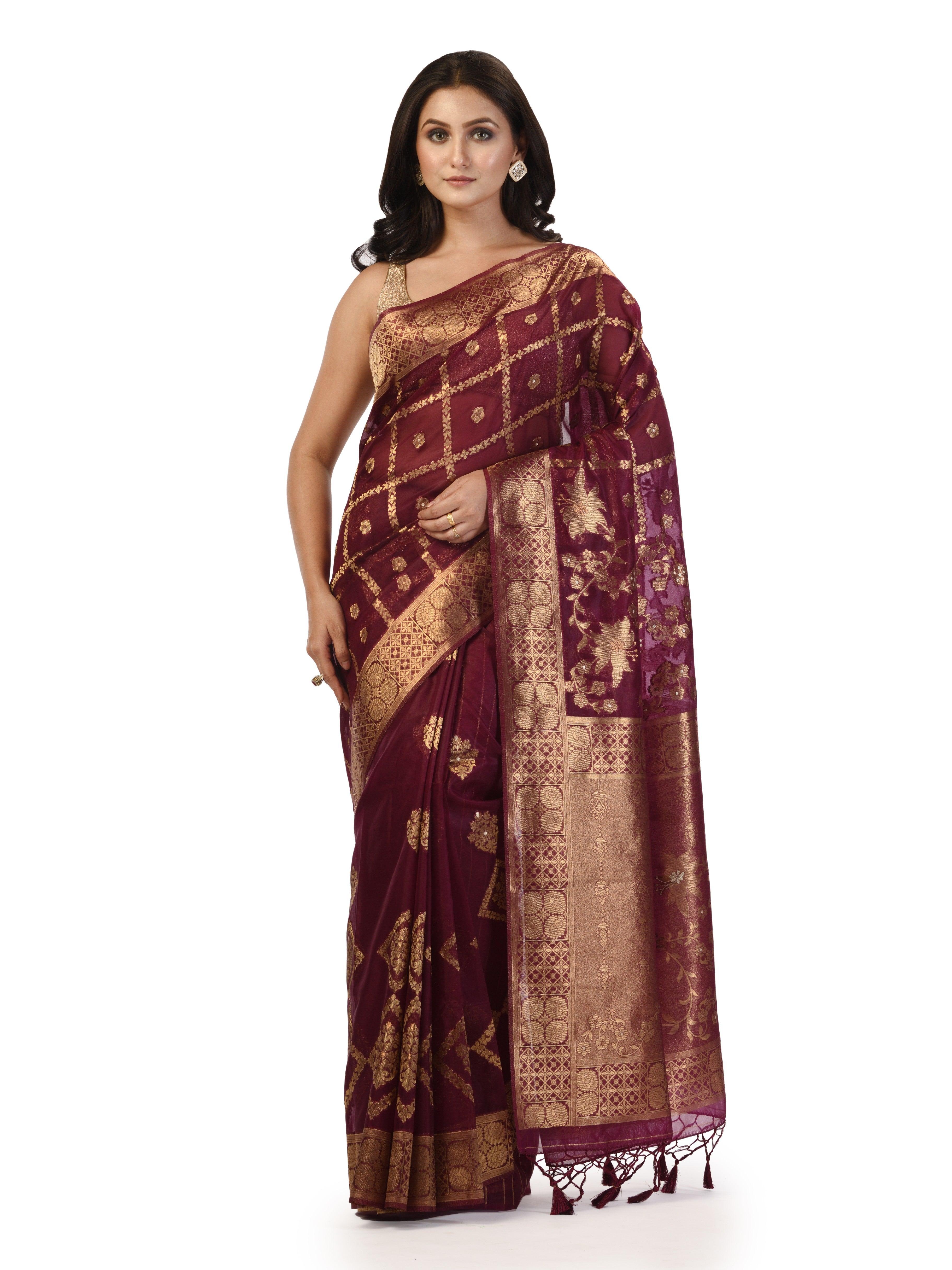 Kavvya Wine Soft & Lightweight Kora Organza Weaving Silk Saree In Golden & Silver Zari Weaving - KAVVYA 