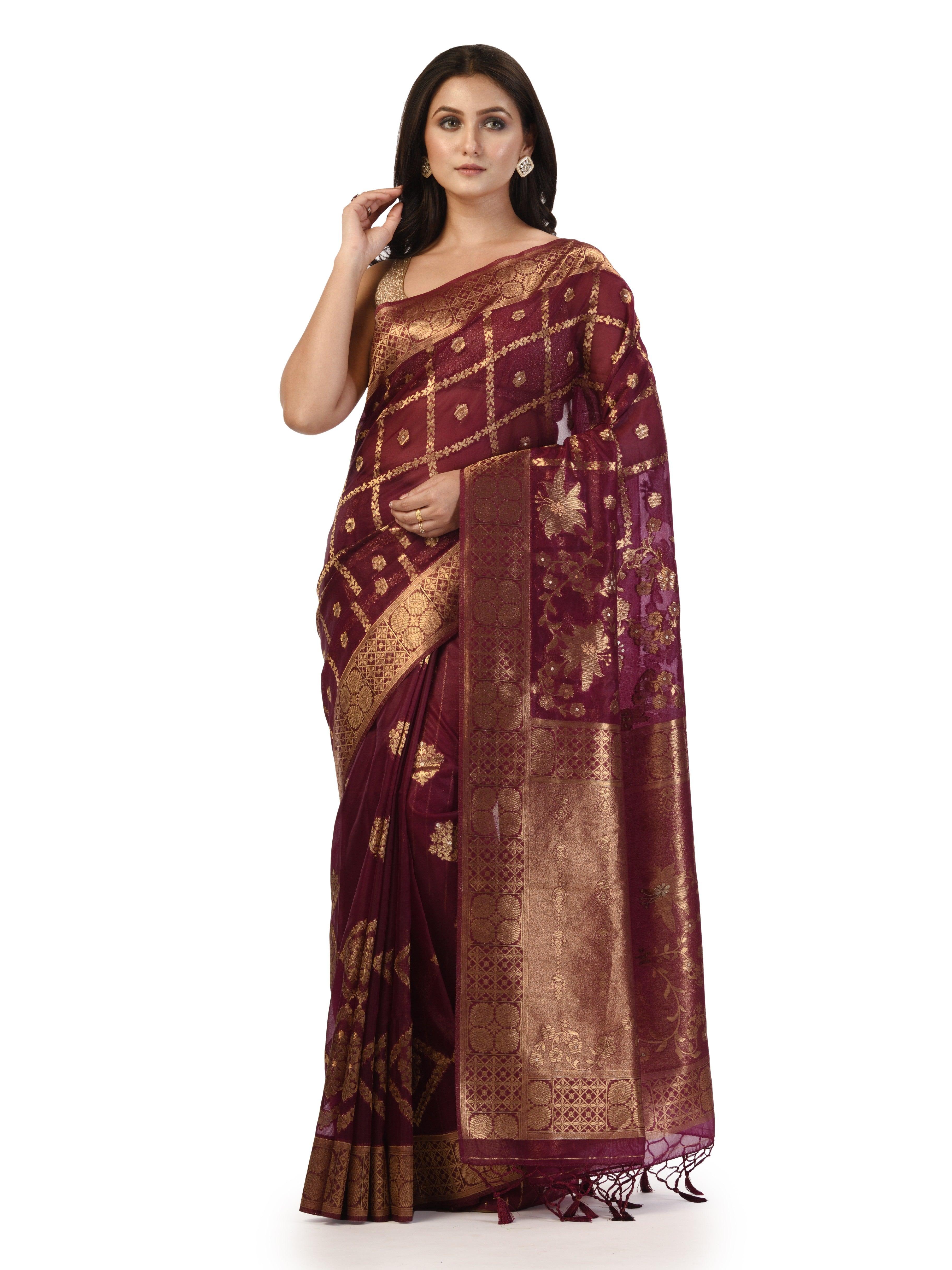 Kavvya Wine Soft & Lightweight Kora Organza Weaving Silk Saree In Golden & Silver Zari Weaving - KAVVYA 