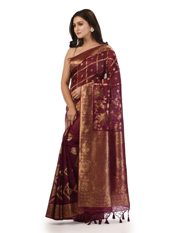 Kavvya Wine Soft & Lightweight Kora Organza Weaving Silk Saree In Golden & Silver Zari Weaving - KAVVYA 