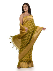 Kavvya Mehendi Green Soft Kora Organza Weaving Silk Saree With Allover Golden Zari Weaving - KAVVYA 