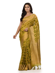 Kavvya Mehendi Green Soft Kora Organza Weaving Silk Saree With Allover Golden Zari Weaving - KAVVYA 