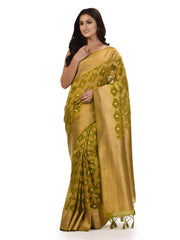 Kavvya Mehendi Green Soft Kora Organza Weaving Silk Saree With Allover Golden Zari Weaving - KAVVYA 