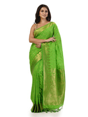 Kavvya Parrot Green Soft & Lightweight Creamy Silk Weaving Saree In Golden Zari Weaving - KAVVYA 