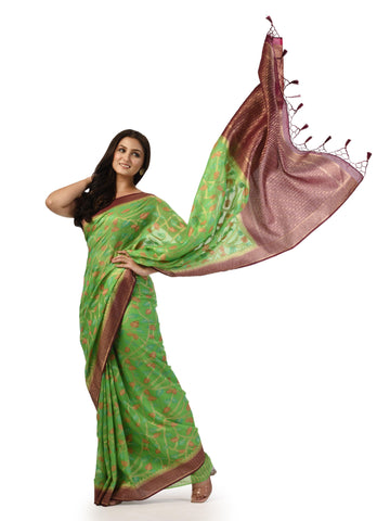 Kavvya Parrot Green Taspa Silk Saree with Meena Kari Zari Weaving Jaal - KAVVYA 