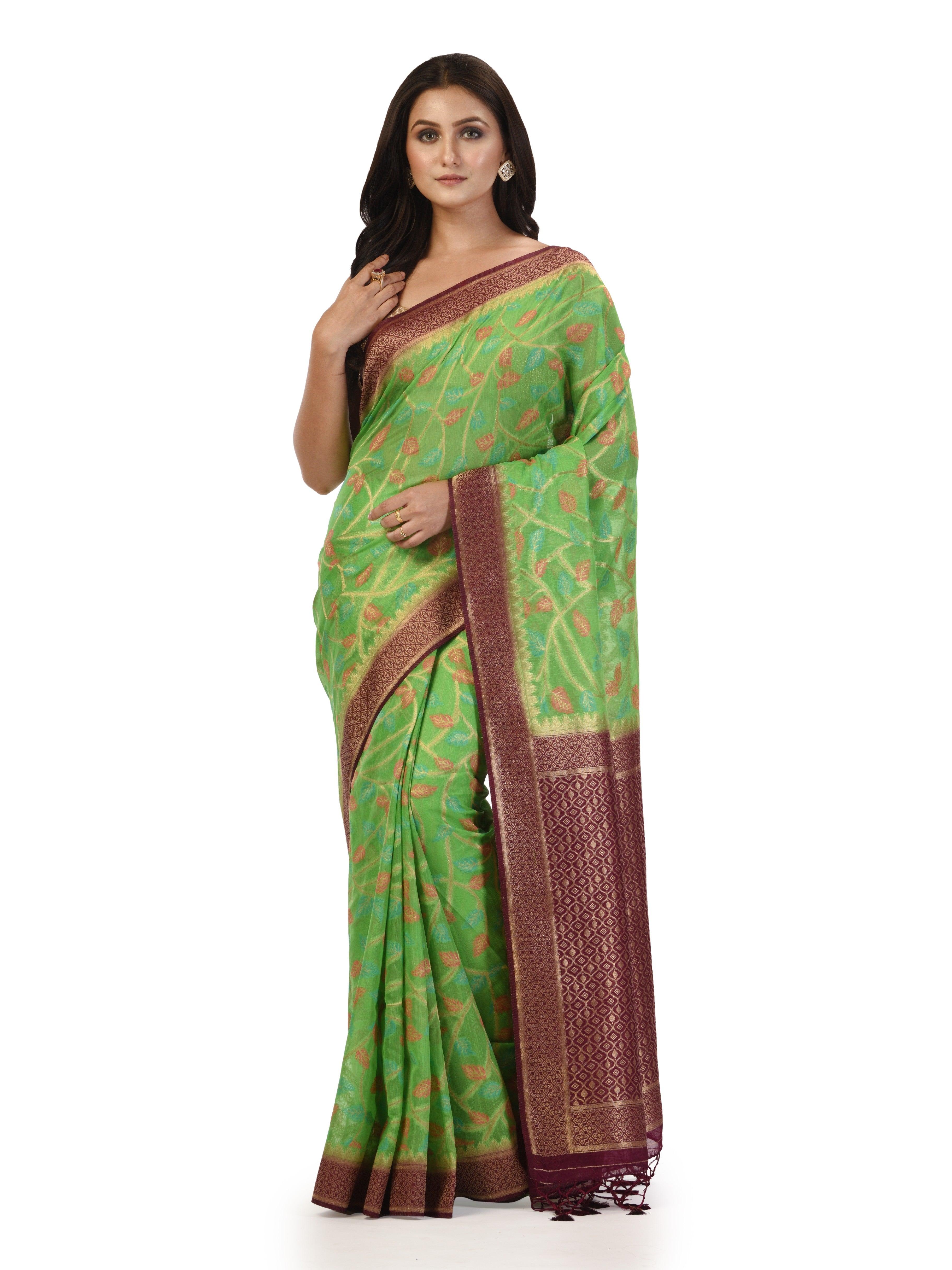 Kavvya Parrot Green Taspa Silk Saree with Meena Kari Zari Weaving Jaal - KAVVYA 