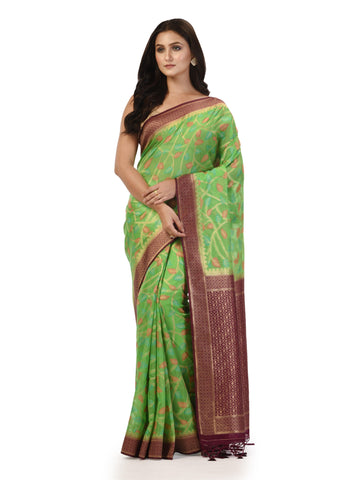 Kavvya Parrot Green Taspa Silk Saree with Meena Kari Zari Weaving Jaal - KAVVYA 