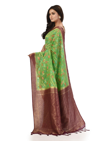 Kavvya Parrot Green Taspa Silk Saree with Meena Kari Zari Weaving Jaal - KAVVYA 