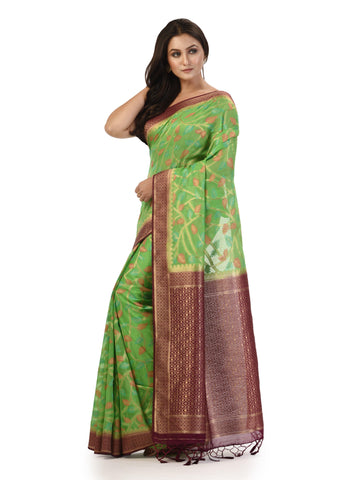 Kavvya Parrot Green Taspa Silk Saree with Meena Kari Zari Weaving Jaal - KAVVYA 