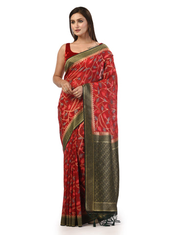 Kavvya Red Soft & Lightweight Taspa Silk Weaving Saree With Contrast Bottle Green Border And Pallu - KAVVYA 