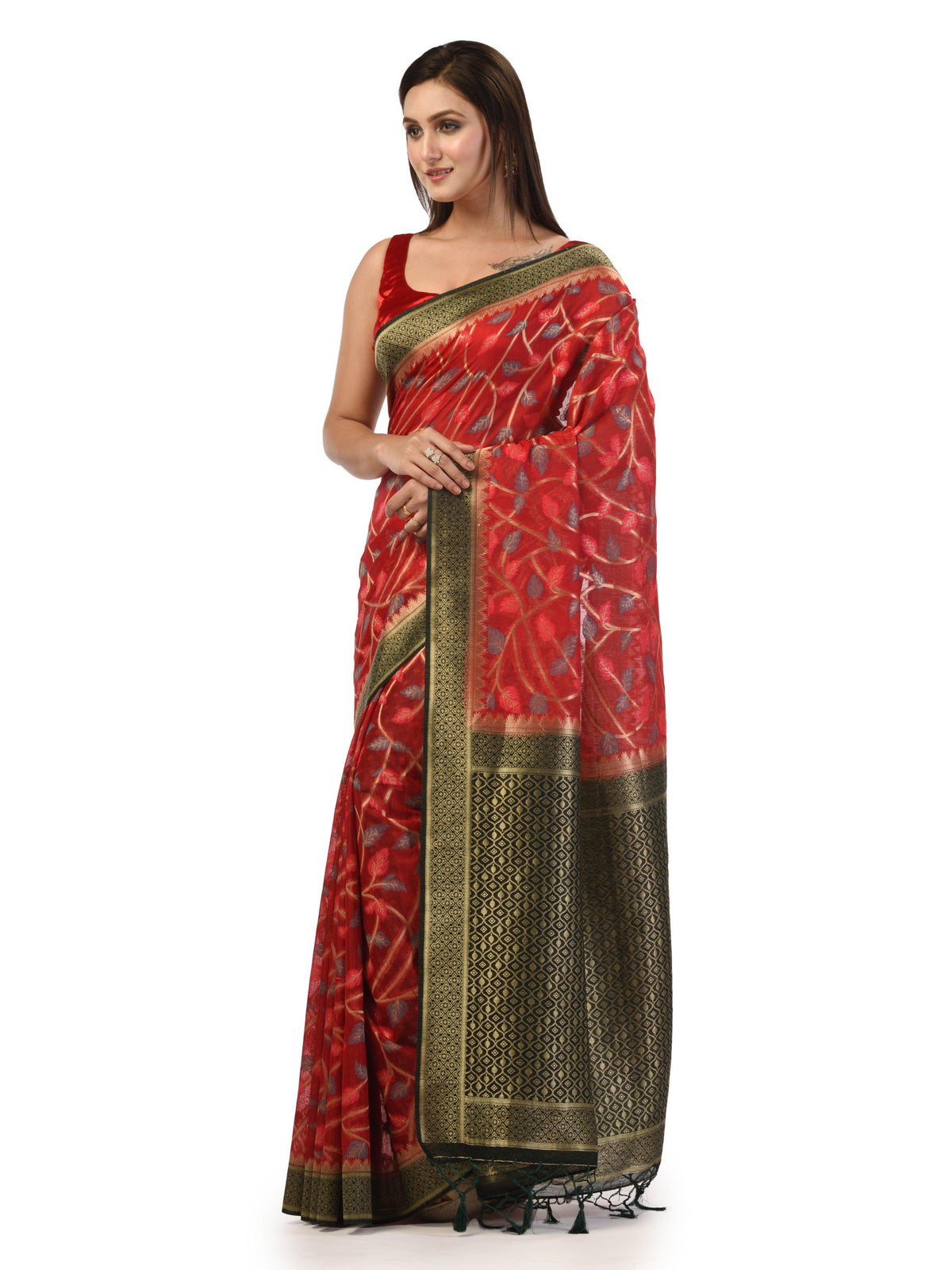 Kavvya Red Soft & Lightweight Taspa Silk Weaving Saree With Contrast Bottle Green Border And Pallu - KAVVYA 