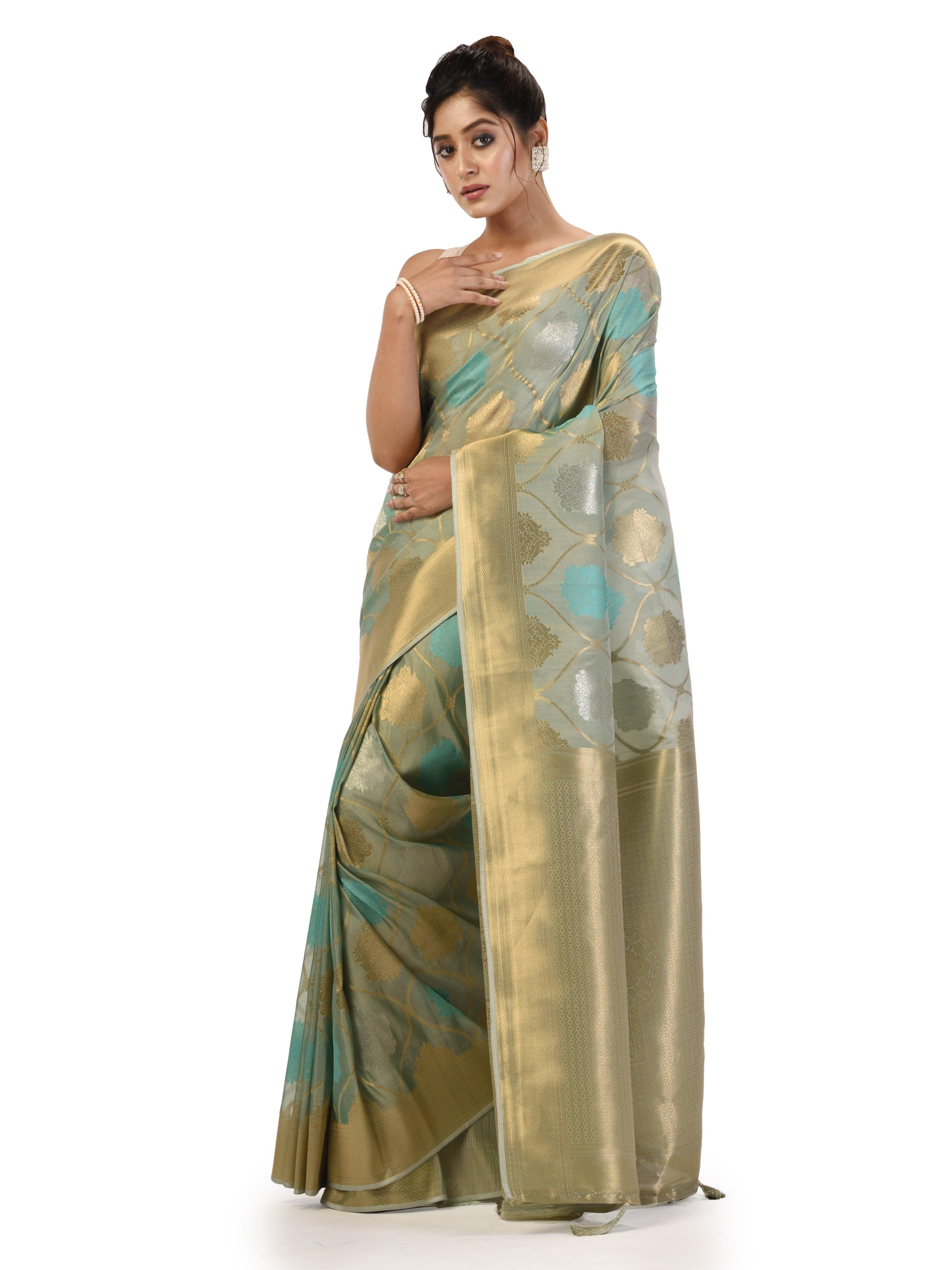 Kavvya Sage Green Soft & Lightweight Weaving Kora Organza Silk Saree - KAVVYA 