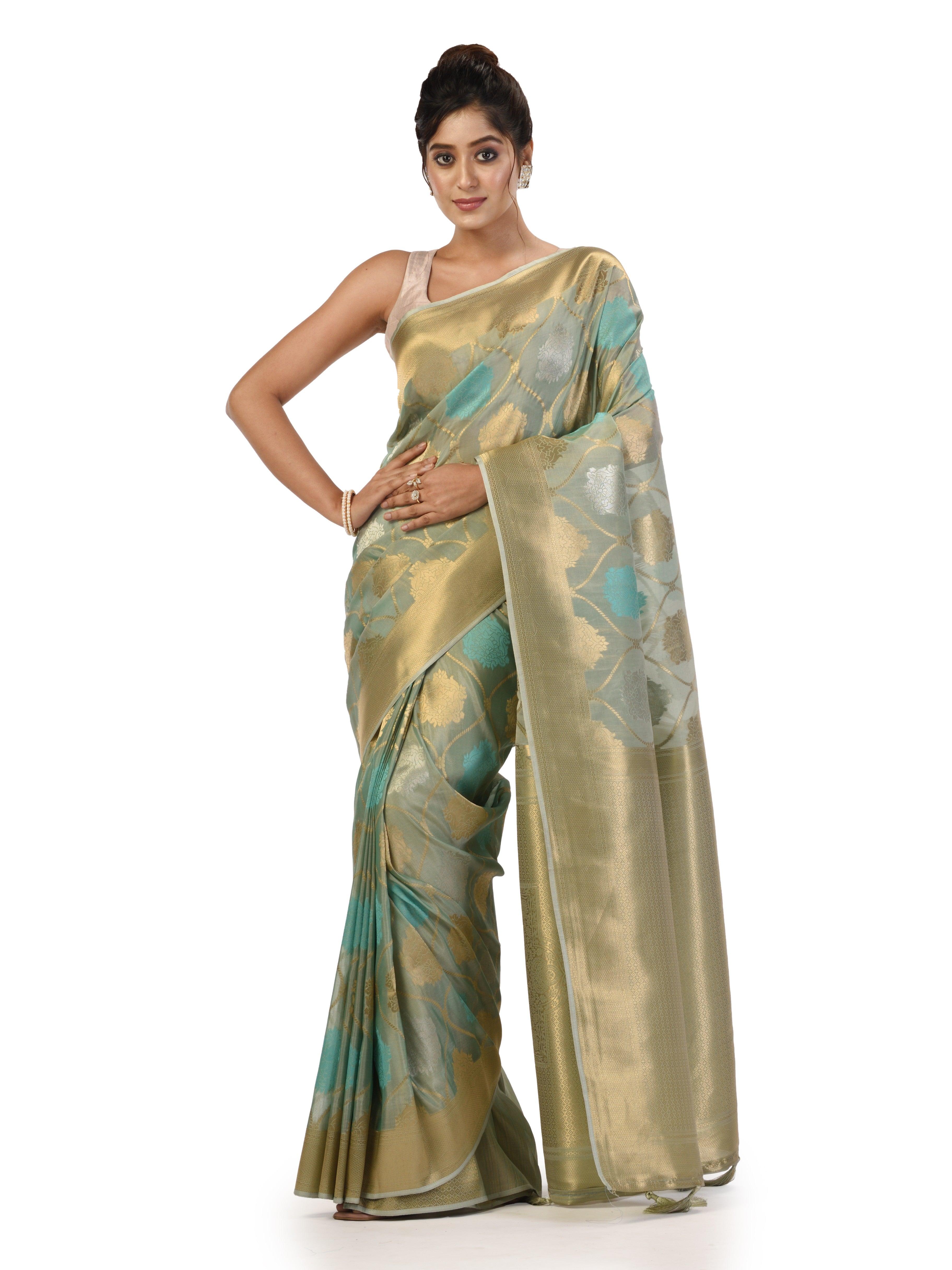 Kavvya Sage Green Soft & Lightweight Weaving Kora Organza Silk Saree - KAVVYA 