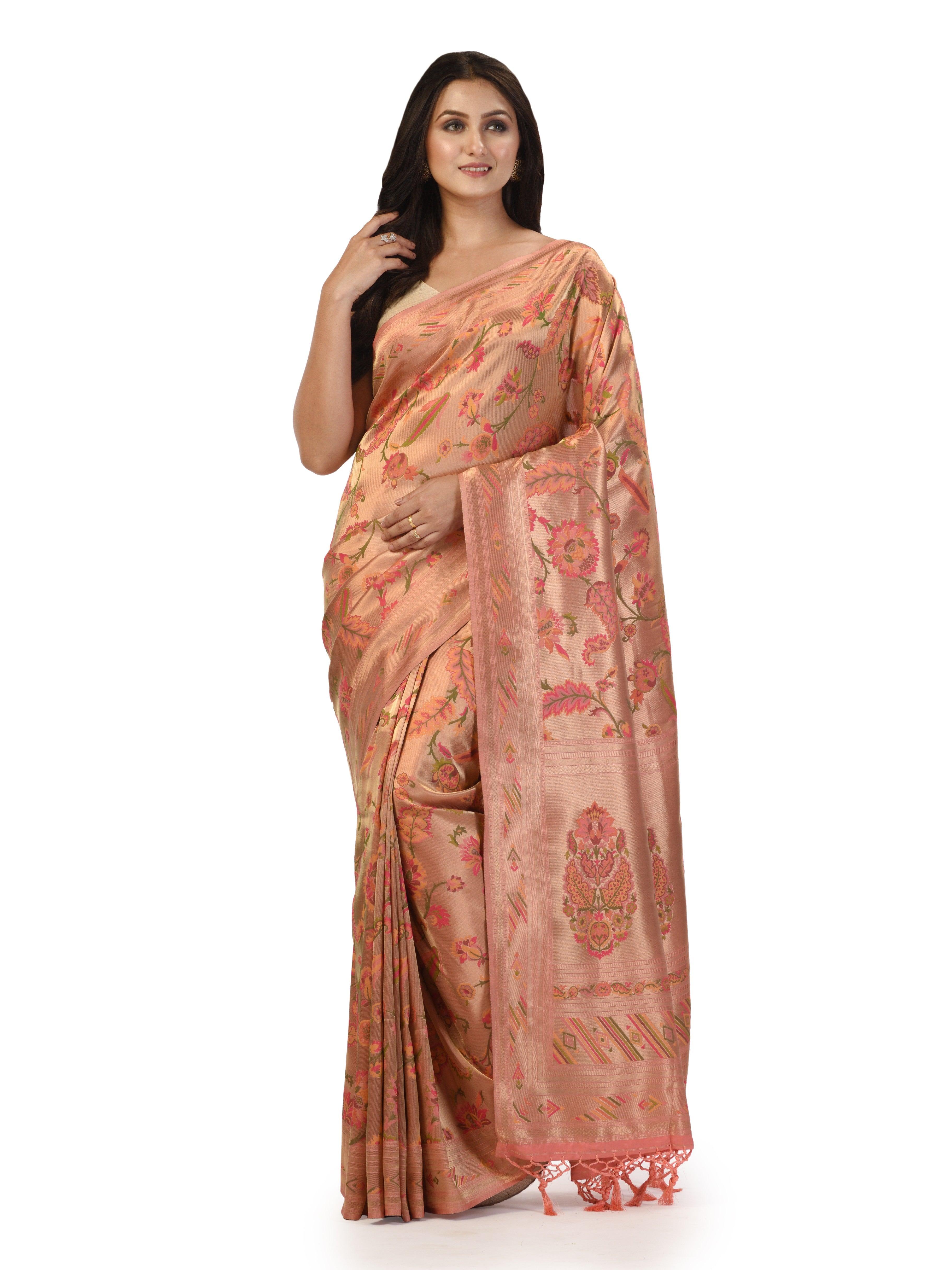 Kavvya Peach Soft & Lightweight Weaving Brocade Silk Floral Paithani Saree - KAVVYA 