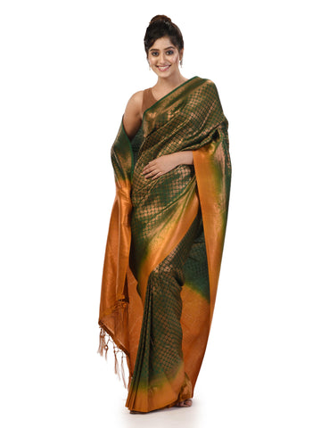 KAVVYA Bottle Green Soft & Lightweight Softy Silk Saree Bronze Zari Weaving Contrast Color Mustard Border - KAVVYA 