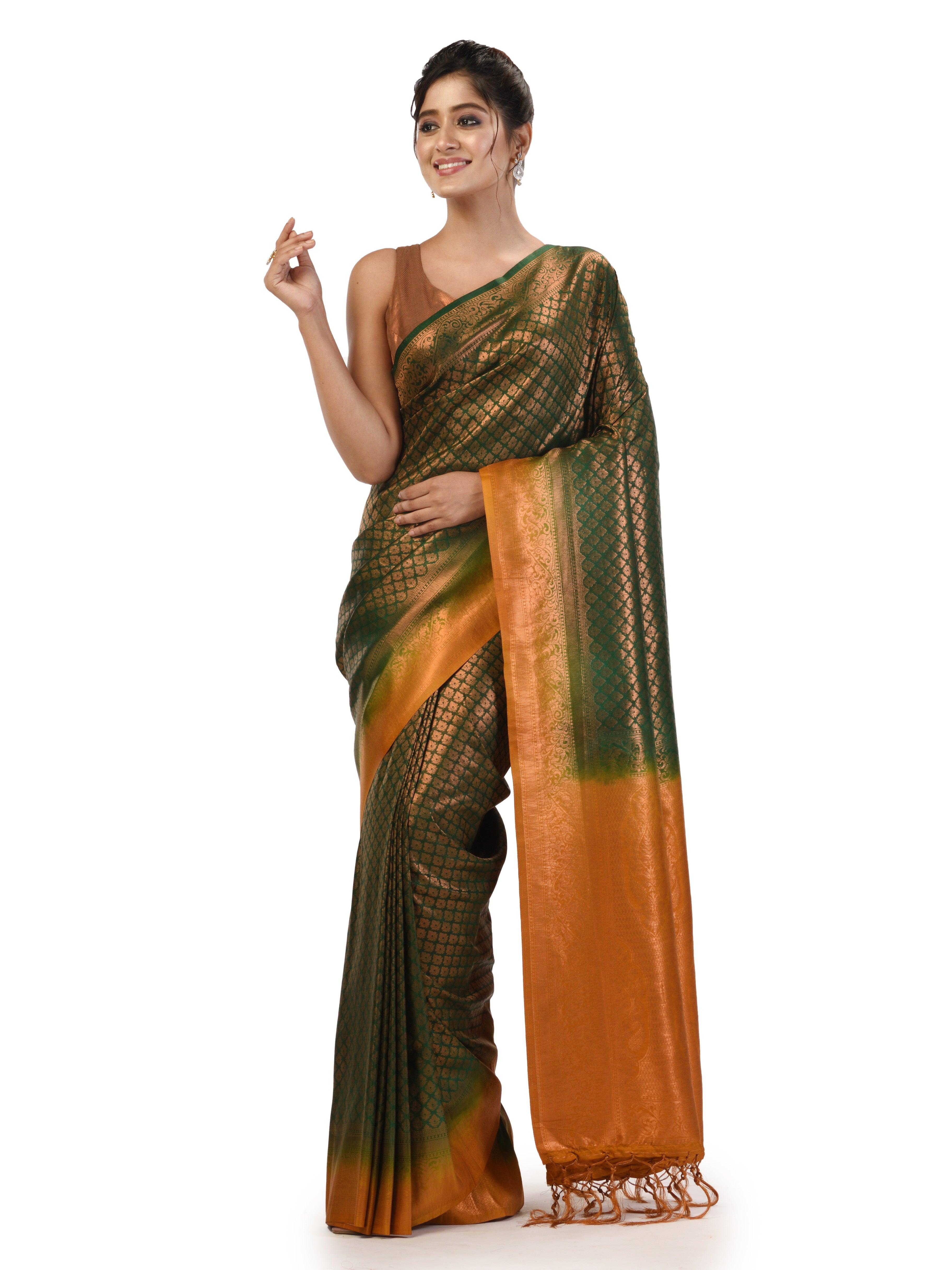 KAVVYA Bottle Green Soft & Lightweight Softy Silk Saree Bronze Zari Weaving Contrast Color Mustard Border - KAVVYA 