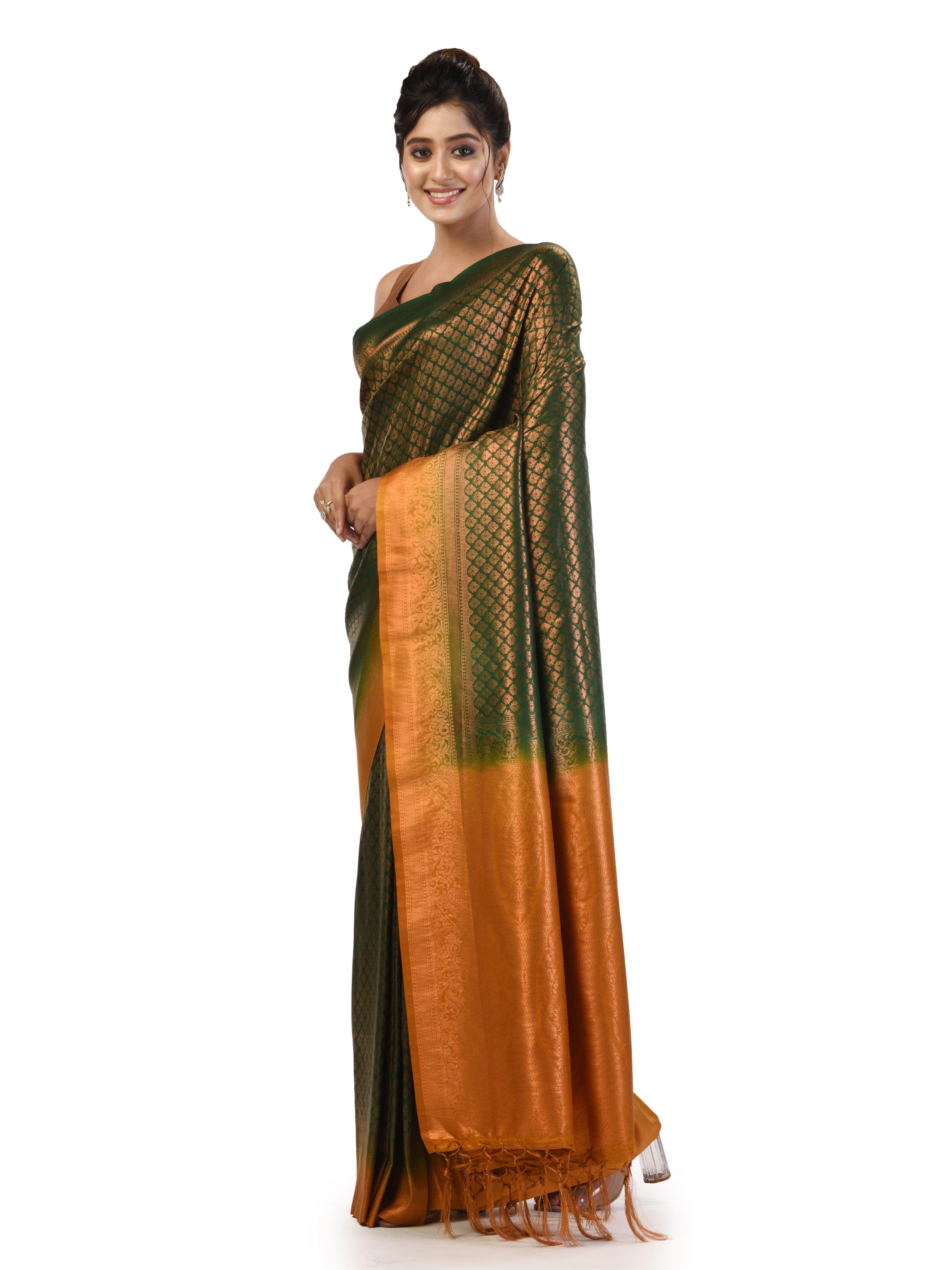 KAVVYA Bottle Green Soft & Lightweight Softy Silk Saree Bronze Zari Weaving Contrast Color Mustard Border - KAVVYA 