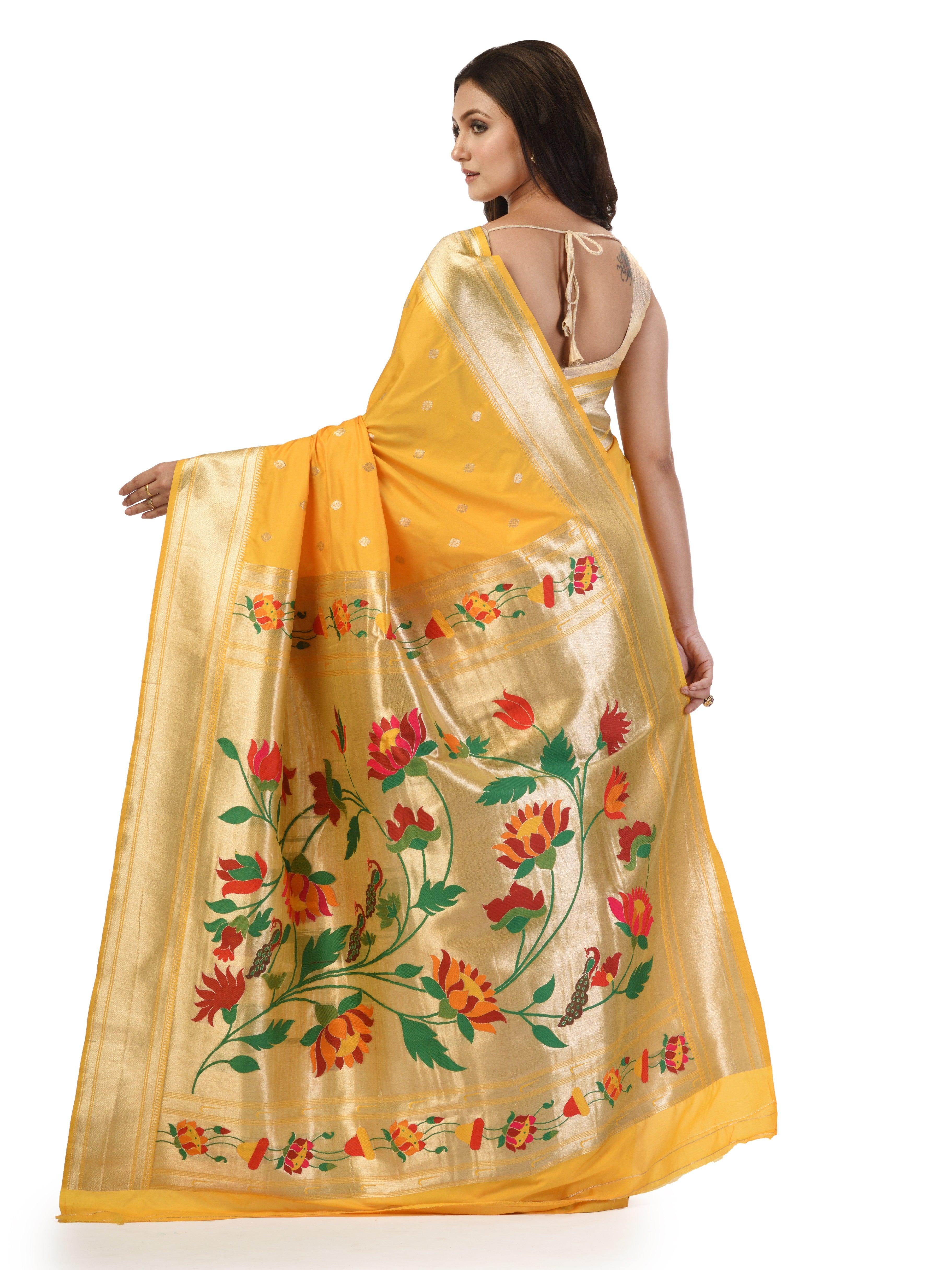 KAVVYA Yellow Soft & Lightweight Mulberry Silk Weaving Paithani Saree - KAVVYA 