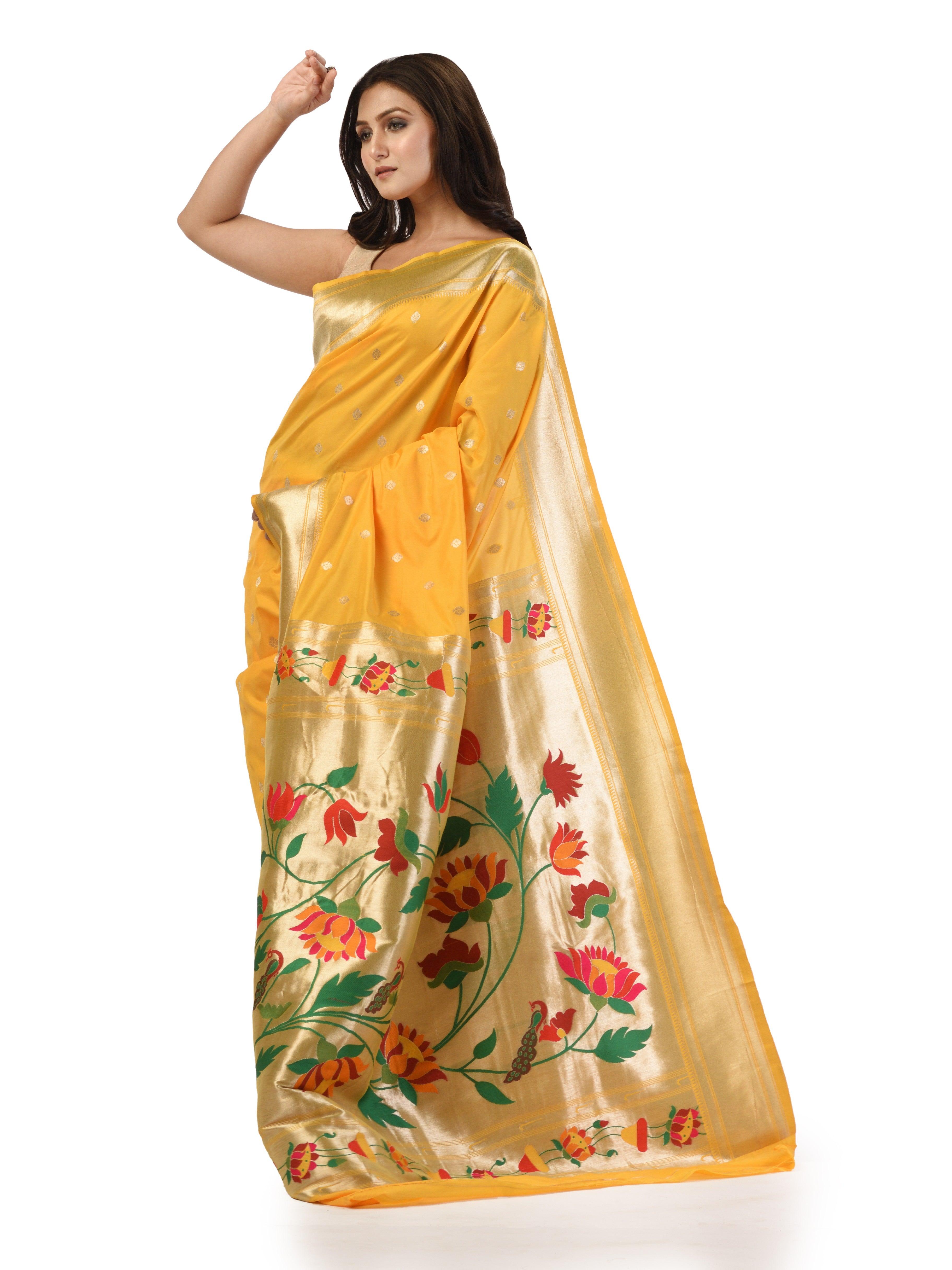 KAVVYA Yellow Soft & Lightweight Mulberry Silk Weaving Paithani Saree - KAVVYA 