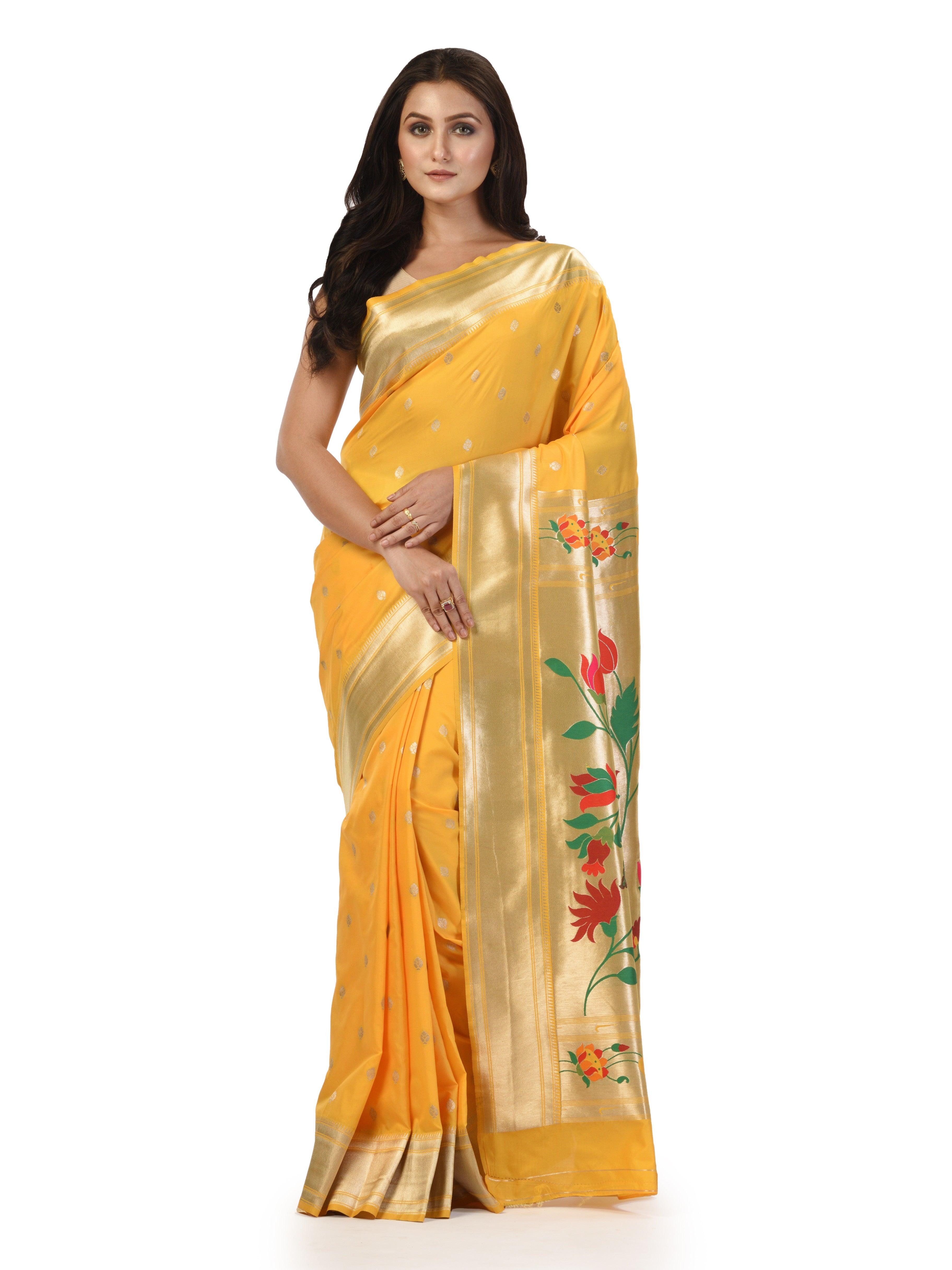 KAVVYA Yellow Soft & Lightweight Mulberry Silk Weaving Paithani Saree - KAVVYA 