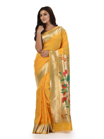 KAVVYA Yellow Soft & Lightweight Mulberry Silk Weaving Paithani Saree - KAVVYA 