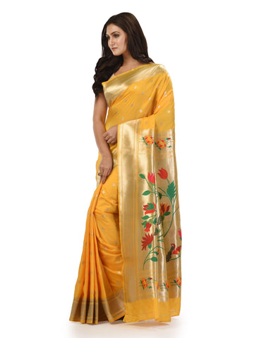 KAVVYA Yellow Soft & Lightweight Mulberry Silk Weaving Paithani Saree - KAVVYA 