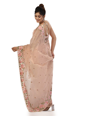 Kavvya Peach Organza Saree with Thread Work and Floral Motifs - KAVVYA 