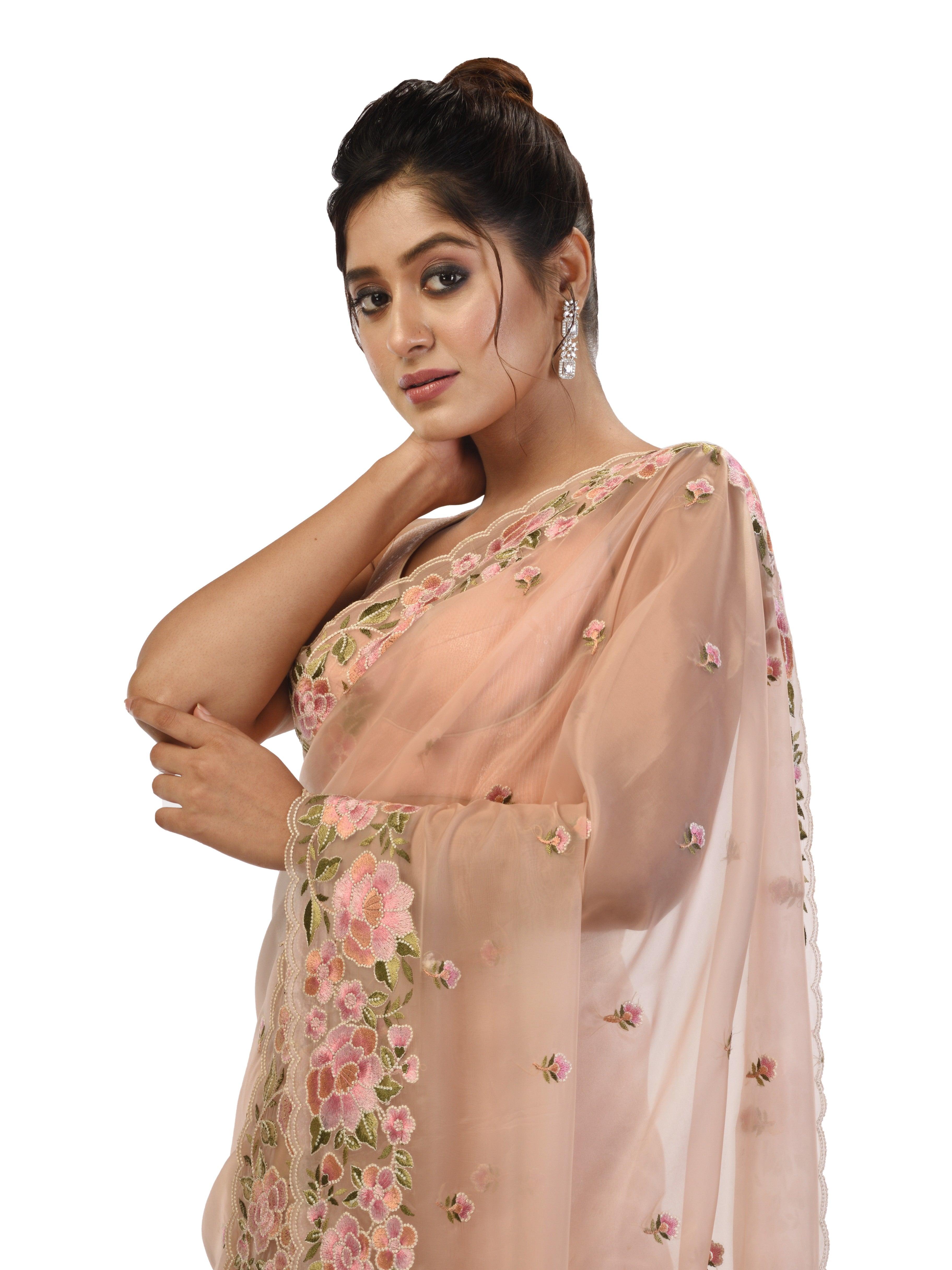 Kavvya Peach Organza Saree with Thread Work and Floral Motifs - KAVVYA 