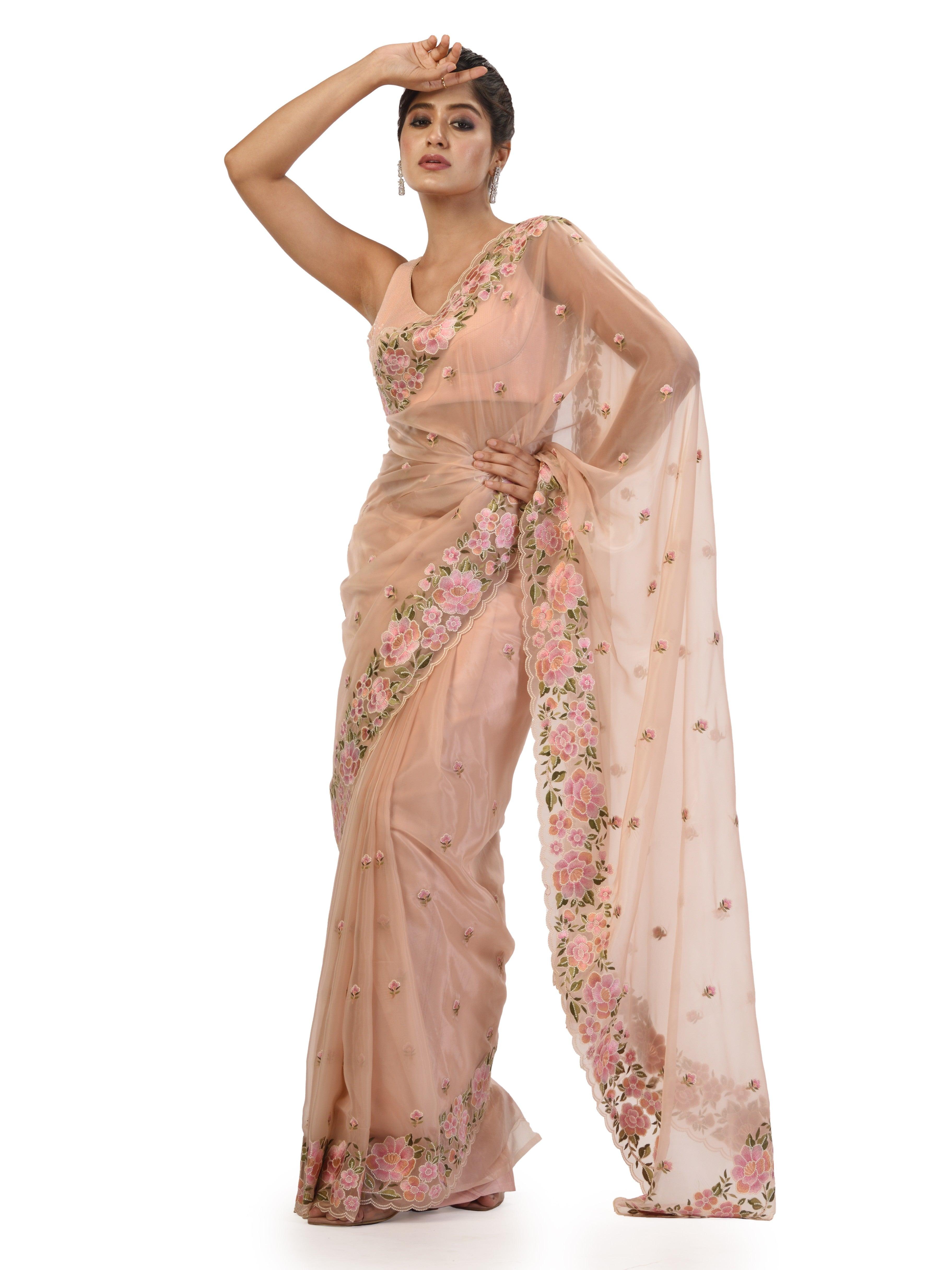 Kavvya Peach Organza Saree with Thread Work and Floral Motifs - KAVVYA 