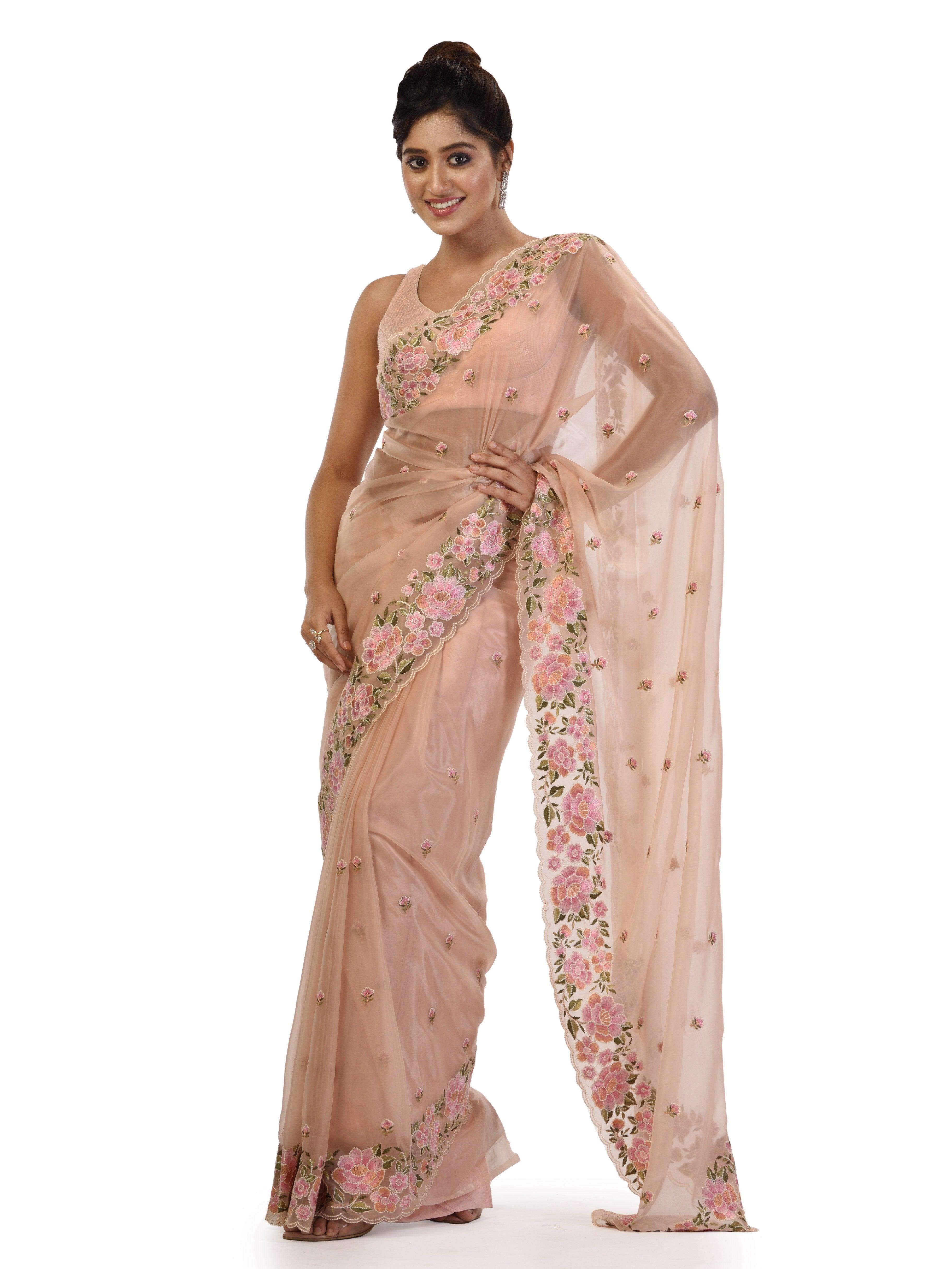 Kavvya Peach Organza Saree with Thread Work and Floral Motifs - KAVVYA 