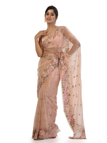 Kavvya Peach Organza Saree with Thread Work and Floral Motifs - KAVVYA 