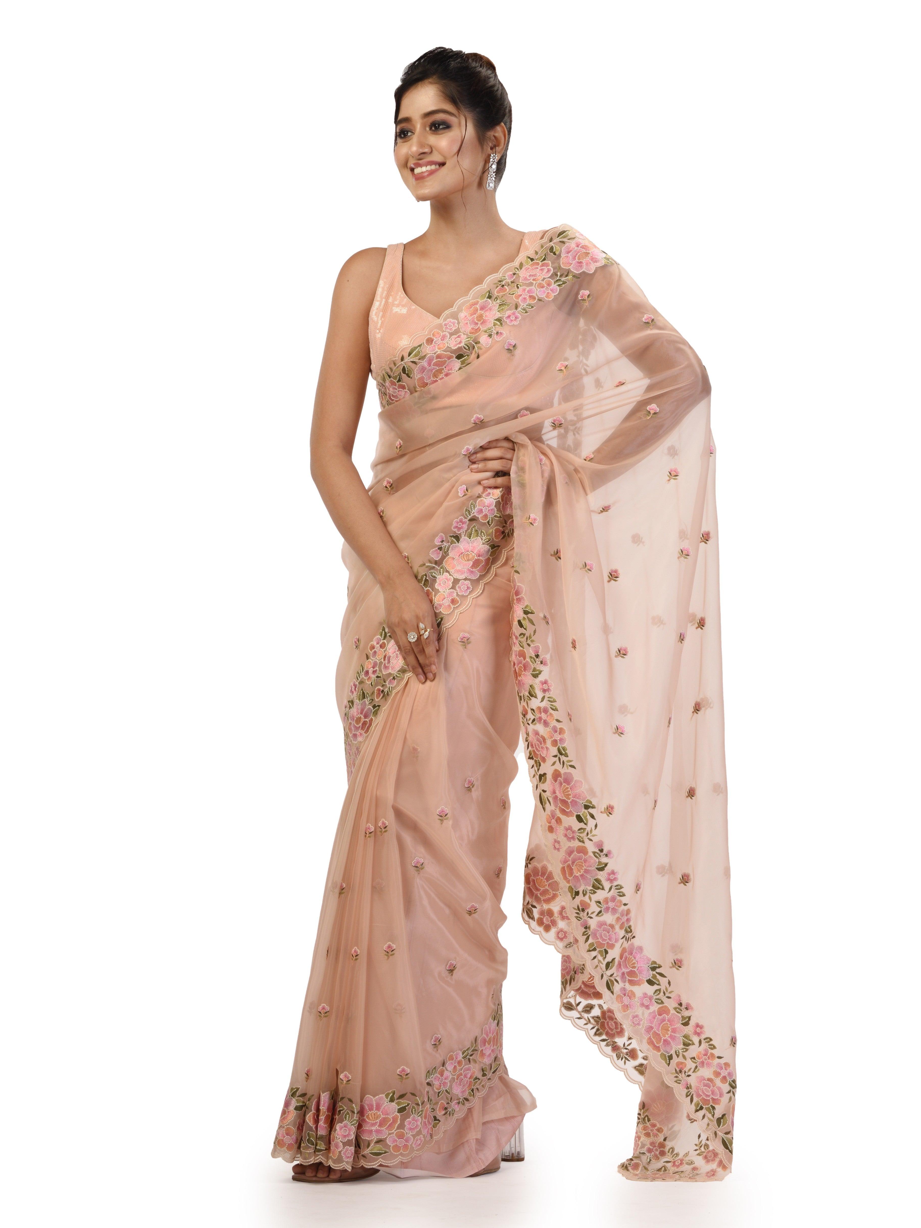 Kavvya Peach Organza Saree with Thread Work and Floral Motifs - KAVVYA 