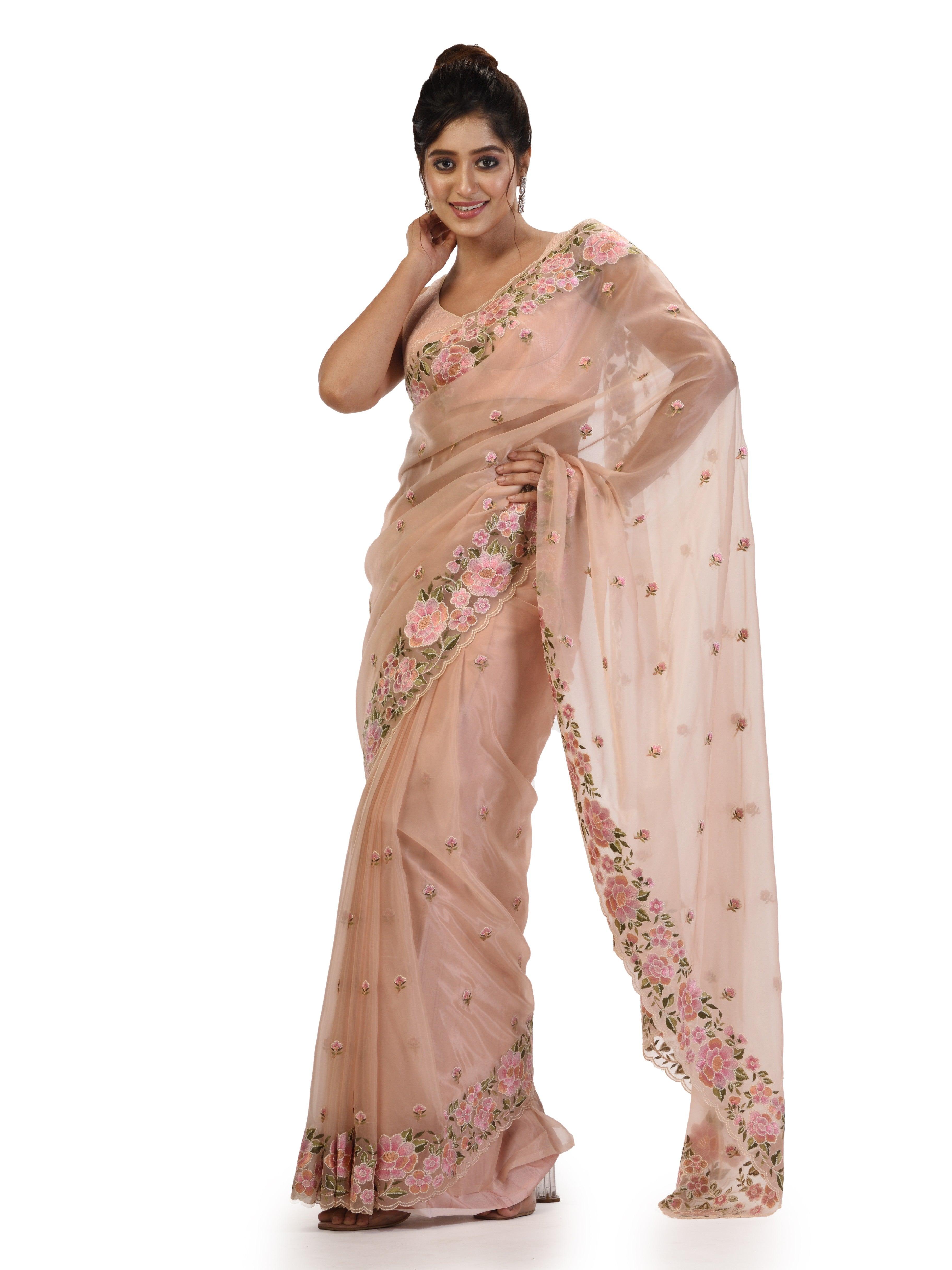 Kavvya Peach Organza Saree with Thread Work and Floral Motifs - KAVVYA 