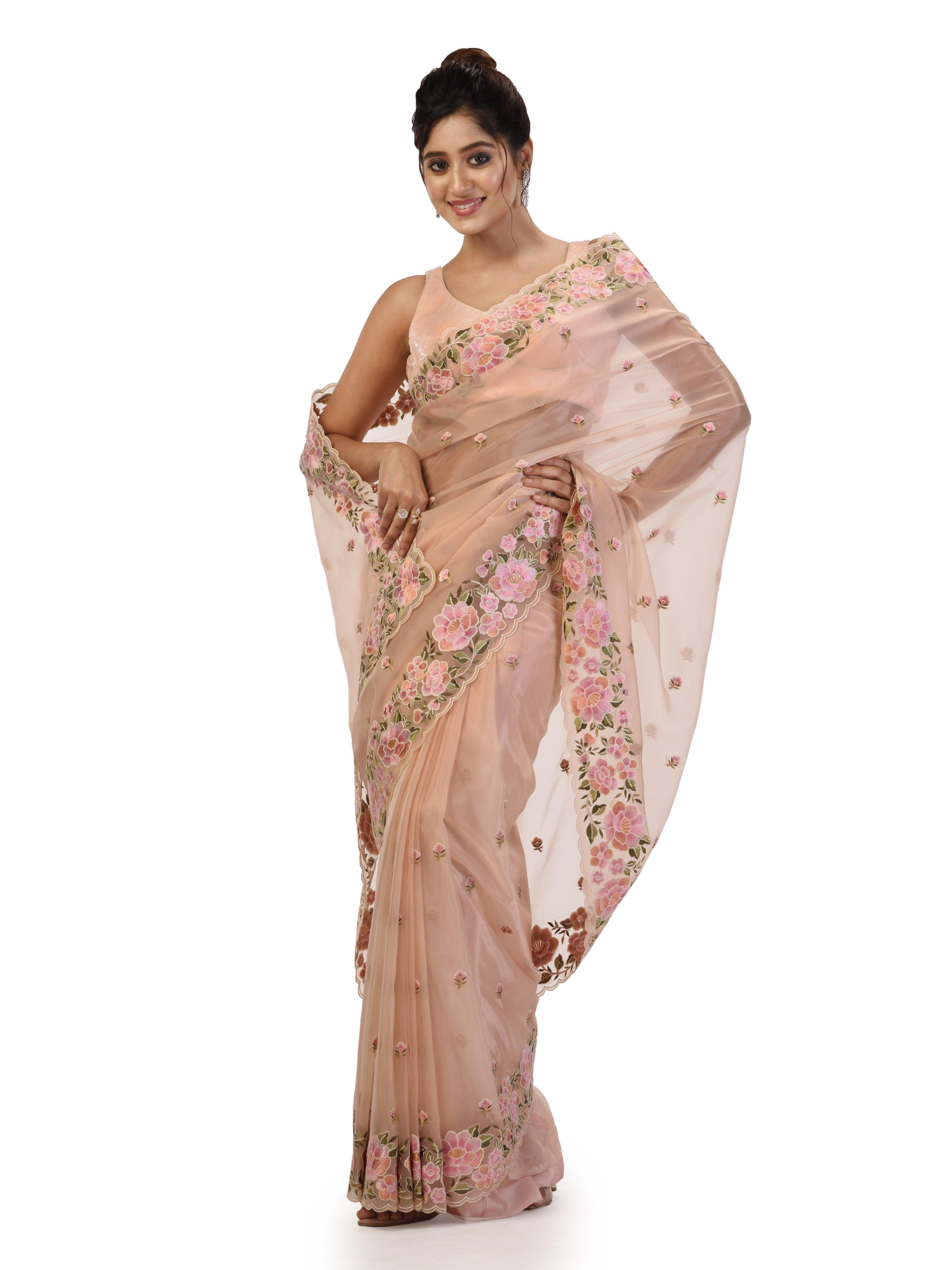 Kavvya Peach Organza Saree with Thread Work and Floral Motifs - KAVVYA 