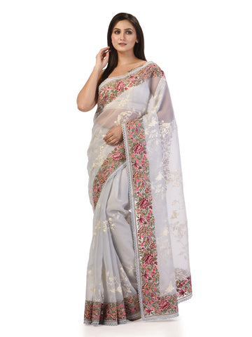 Kavvya Gray Soft & Light Weight Kora Organza Silk Saree - KAVVYA 