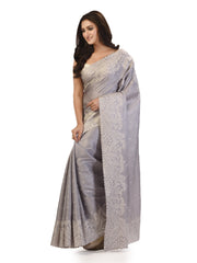 Kavvya Gray Soft & Lightweight Tussar Silk Saree With White Resham Work,Scallap Border Body Butty. - KAVVYA 