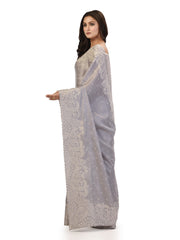 Kavvya Gray Soft & Lightweight Tussar Silk Saree With White Resham Work,Scallap Border Body Butty. - KAVVYA 