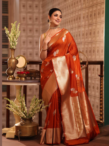 KAVVYA SOFT & LIGHT WEIGHT PURE COPPER SILK SAREE WITH BEAUTIFUL GOLD N SILVER ZARI FLORAL MOTIFS IN SAREE