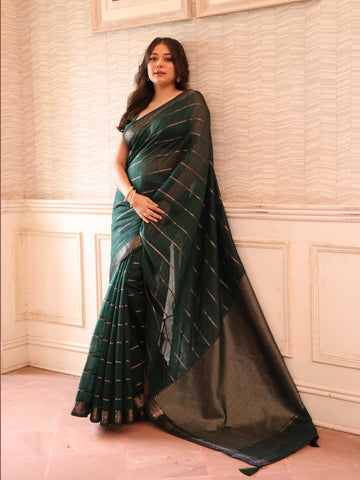 KAVVYA  BOTTLE GREEN HANDLOOM WEAVED TUSSAR SAREE WITH GOLDEN ZARI