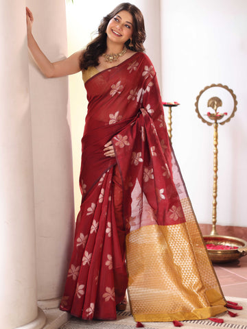 KAVVYA MAROON HANDLOOM SAREE WITH FLORAL WEAVES IN BODY WITH CONTRAST MUSTARD HEAVY PALLU