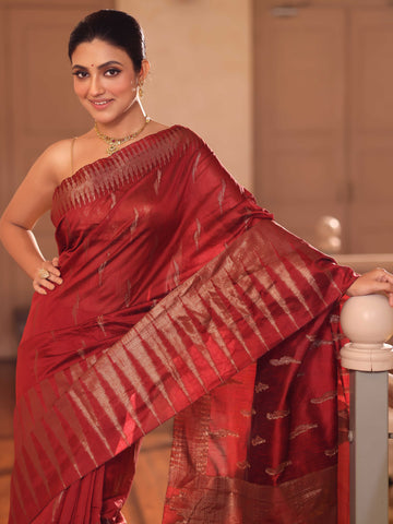 KAVVYA  MAROON HANDLOOM WEAVING LINEN SAREE