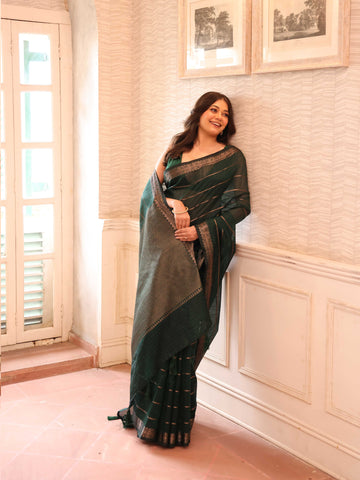 KAVVYA  BOTTLE GREEN HANDLOOM WEAVED TUSSAR SAREE WITH GOLDEN ZARI