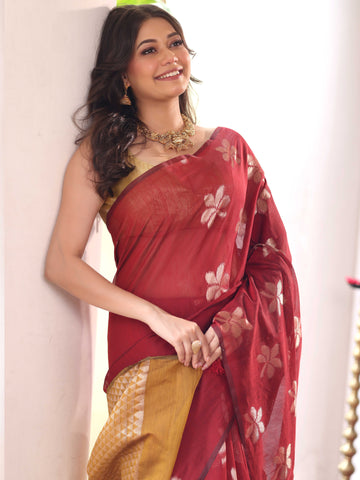 KAVVYA MAROON HANDLOOM SAREE WITH FLORAL WEAVES IN BODY WITH CONTRAST MUSTARD HEAVY PALLU