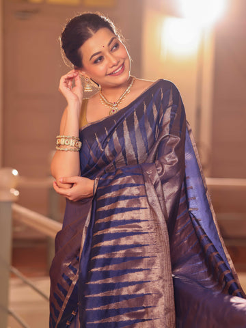 KAVVYA   NAVY BLUE HANDLOOM WEAVING LINEN SAREE