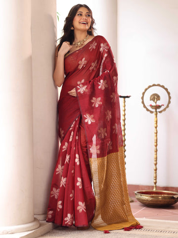 KAVVYA MAROON HANDLOOM SAREE WITH FLORAL WEAVES IN BODY WITH CONTRAST MUSTARD HEAVY PALLU
