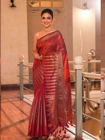 KAVVYA  MAROON HANDLOOM WEAVING LINEN SAREE