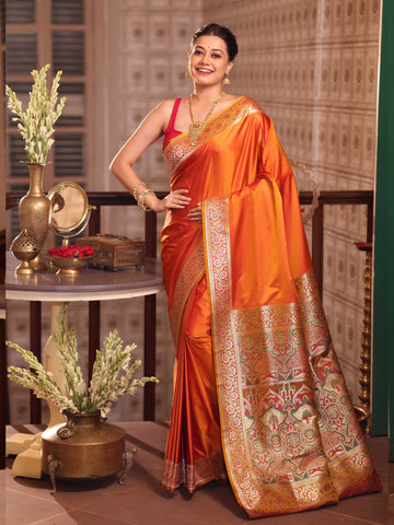 KAVVYA PURE SILK ORANGE SAREE WITH BEAUTIFUL WEAVES