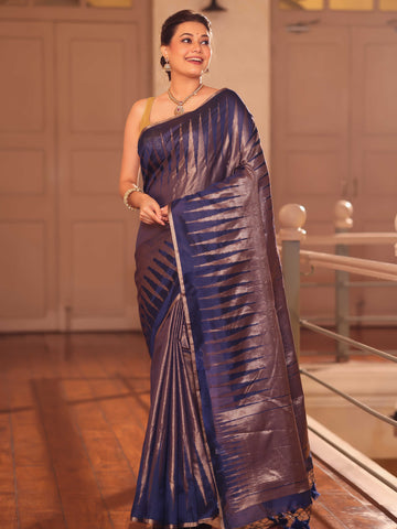 KAVVYA   NAVY BLUE HANDLOOM WEAVING LINEN SAREE