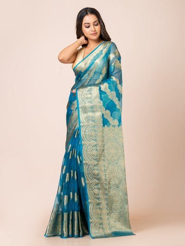 KAVVYA SOFT & LIGHT WEIGHT BLUE ORGANZA SILK WEAVING SAREE - KAVVYA