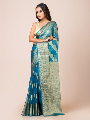 KAVVYA SOFT & LIGHT WEIGHT BLUE ORGANZA SILK WEAVING SAREE - KAVVYA